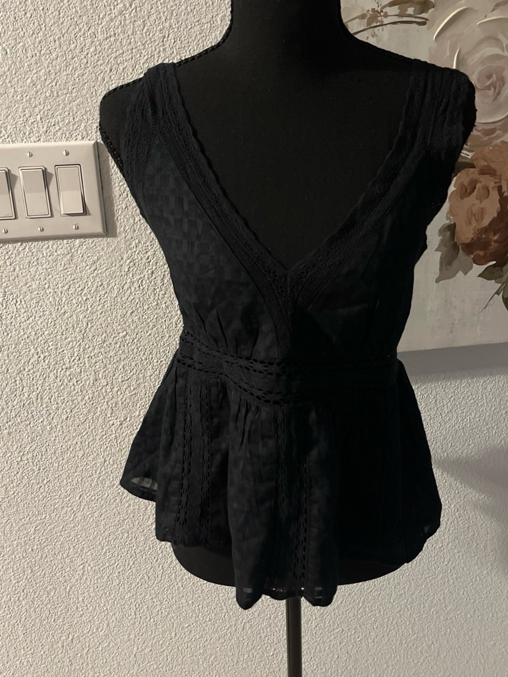 Black Lace-Trim V-Neck Peplum Top - Women